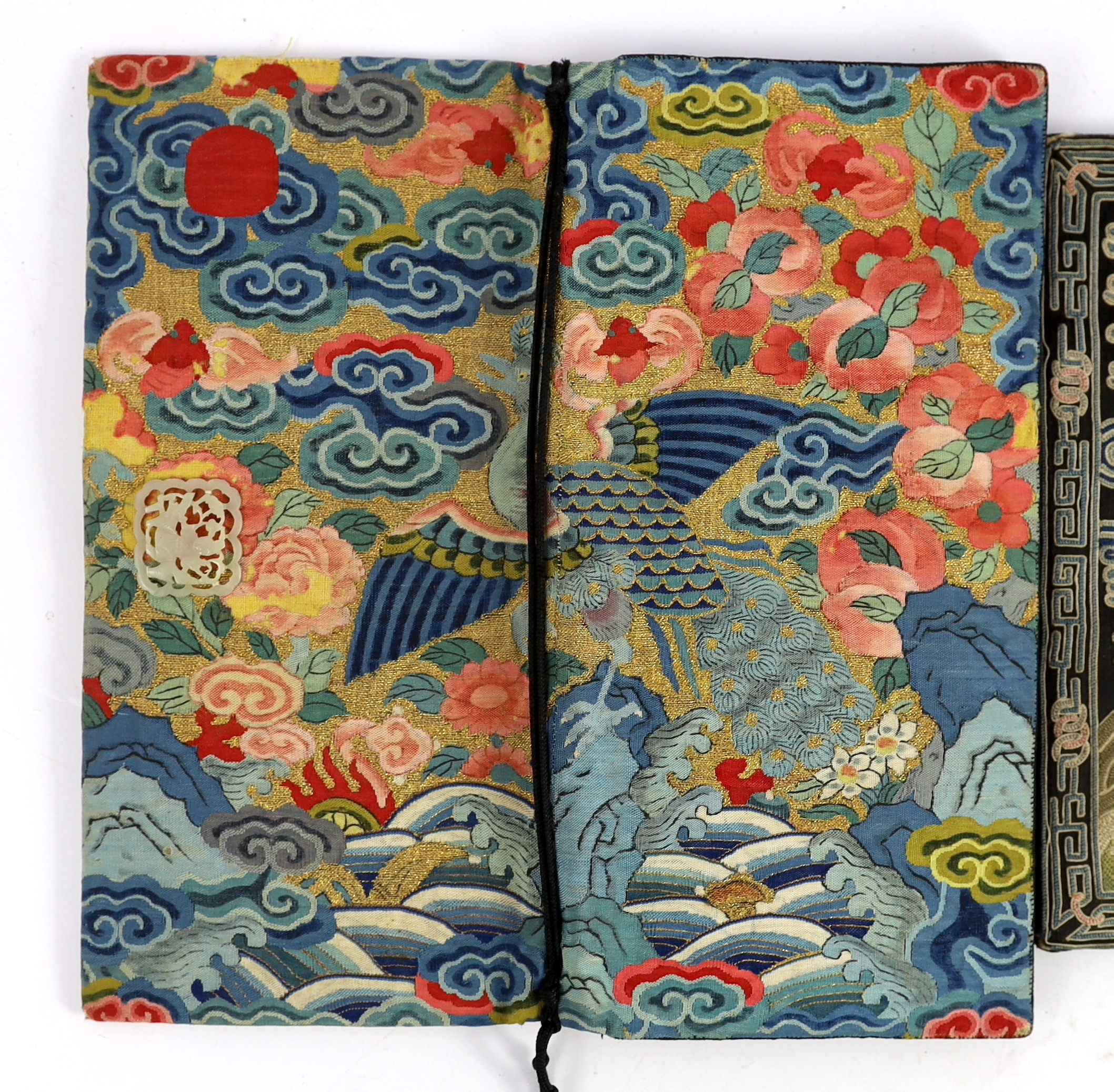 Two Chinese rank badges, 19th century, now mounted as clutch bags